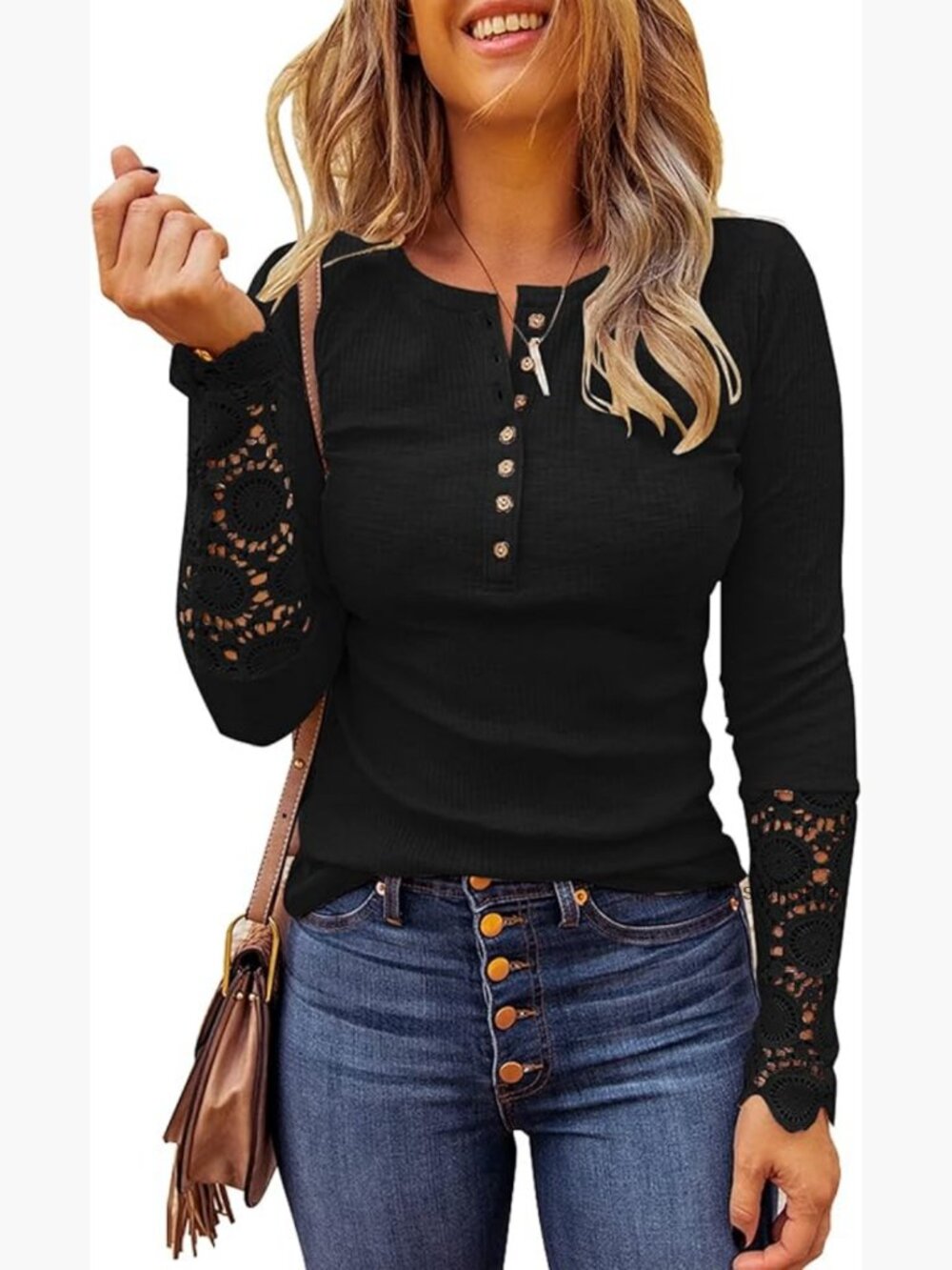 Long Sleeve Lace Trim Button Down Tunic Blouse Crew Neck
